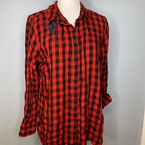 BeachLunchLounge Plaid Embroidered Long Sleeve Size Large